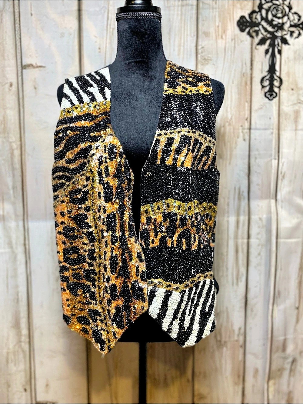 Fashion Fantasy Sequin Animal Print Vest in Black & Gold Sz-L NWT